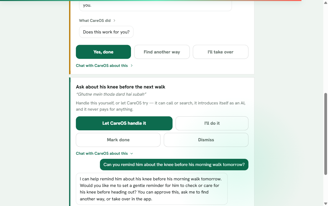 A task the parent asked for on a call, with CareOS's live chat thread: the family asks a question and the agent answers about that task.