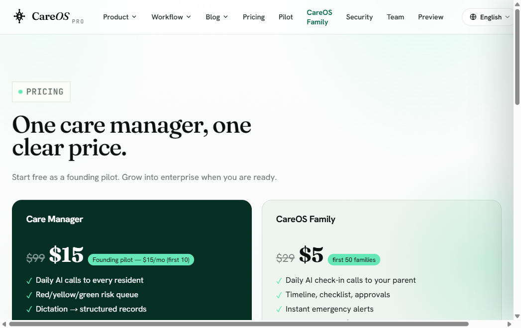 The live CareOS pricing page: Pro at a $15/month founding pilot, Family at $5/month for the first 50 families.